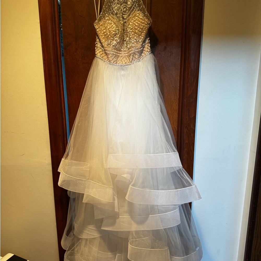 Gold and White Embellished Tiered Gown for Bride